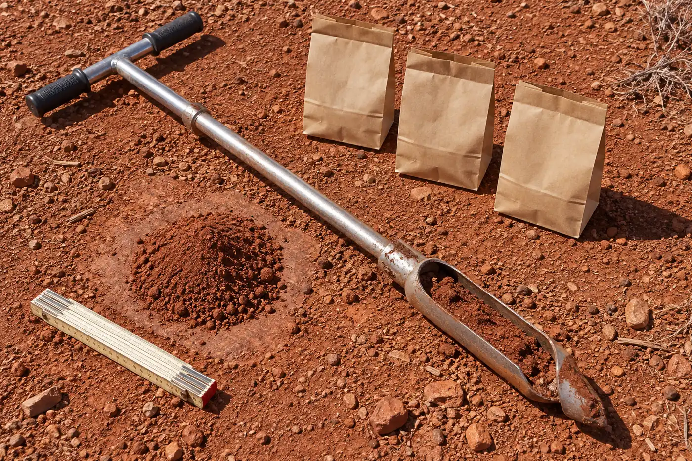 Equipamento de amostragem de solo sobre a terra vermelha: sonda, sacos de amostra, régua e solo peneirado