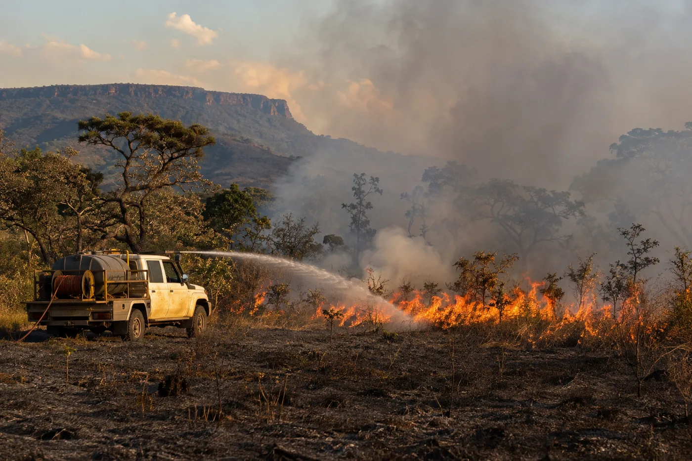 Caminhonete com tanque de água combatendo uma linha de fogo em campo de cerrado, com fumaça densa