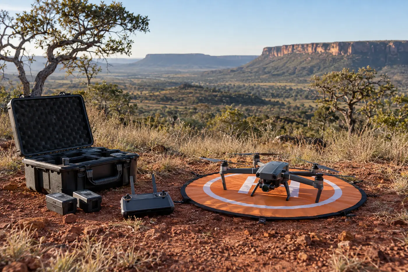 Drone sobre a plataforma de decolagem, ao lado da maleta de equipamento, em campo de cerrado