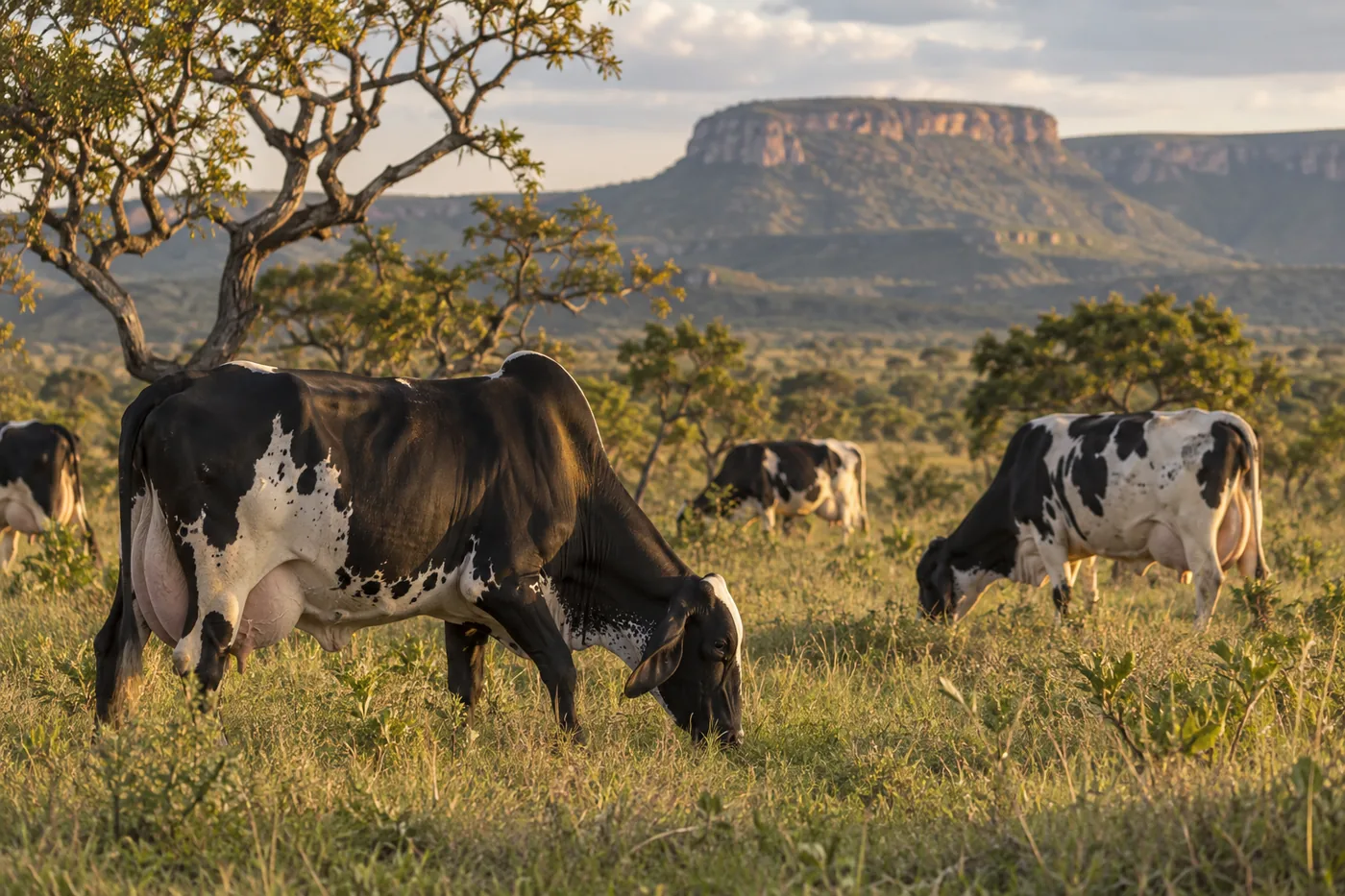 Vacas leiteiras de tipo girolando pastando no cerrado, com chapada ao fundo