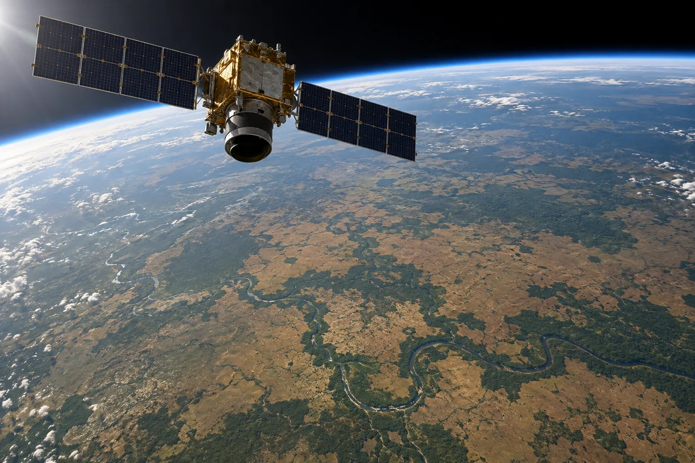 Satélite de observação da Terra em órbita, com a câmera apontada para um território de rios e vegetação