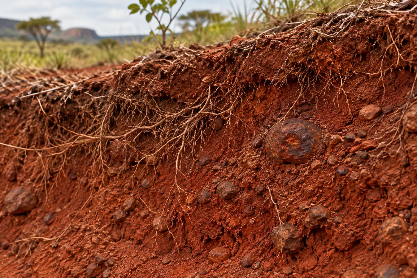 Corte de solo vermelho do cerrado, com raízes finas e concreções de ferro