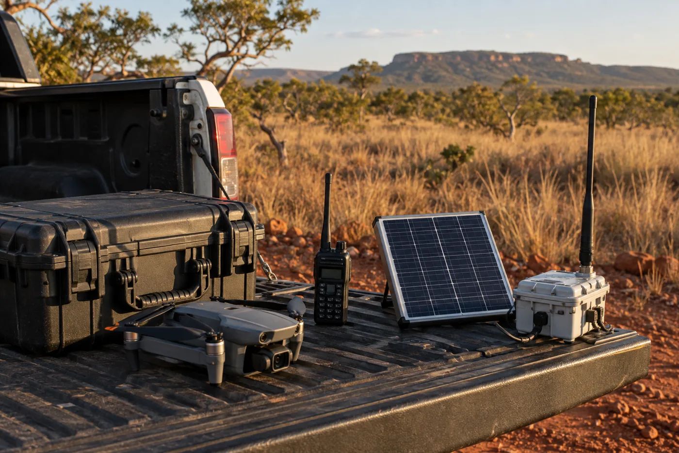 Equipamento de campo na caçamba de uma caminhonete: drone recolhido, maleta, rádio, placa solar e registrador de dados